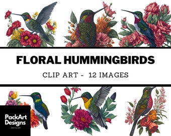 Watercolor Hummingbird Clipart, Floral Bouquets, 12 PNG & JPEG Illustrations (Digital Download)