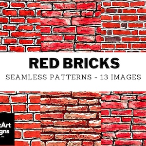 May include: A set of 13 seamless patterns featuring red brick textures. The brick patterns are hand-drawn in a watercolor style, with variations in color and detail.