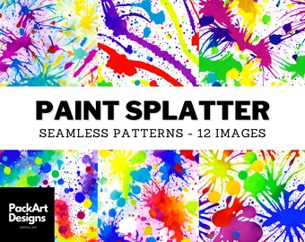 Rainbow Paint Splatter Tileable Watercolor Digital Paper Pack, Perfect for Scrapbooking, Card Making, Stationary, and Print, 12 PNG Files