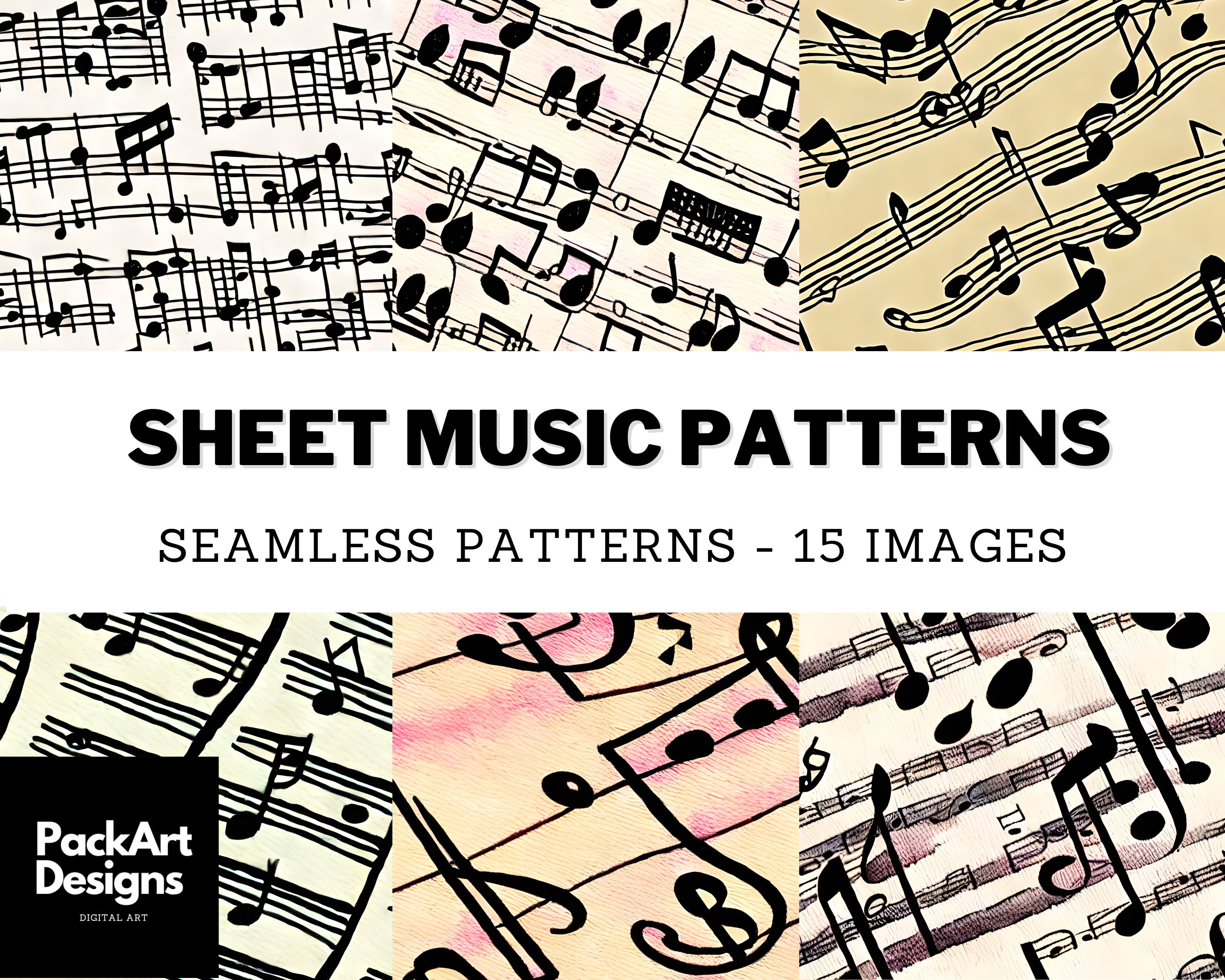 Sheet Music Paper Pack - 15 Patterns for Musicians, Creatives, & Music Lovers, Seamless Musical Notes for Scrapbooking Backgrounds and Print