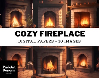 Watercolor Fireplace Scene Digital Paper – Cozy Home Decor (10 JPEG Files)