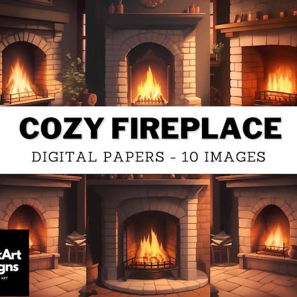 Cozy Fireplace - Watercolor Fireplace Scene Digital Paper, Cozy Home Decor Fireplace Art For Scrapbooking, Junk Journal, Card Making,
