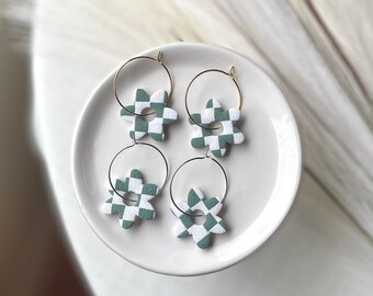 Clay Earrings-Retro Checkered Flower Hoops