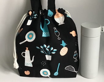 Drawstring Lunch Bag, Lunch Bag With Top Handle, Lunch Box Bag, Drawstring Pouch, Foods & Drinks Bag, Hand Painted Linen Bag, Travelling Bag