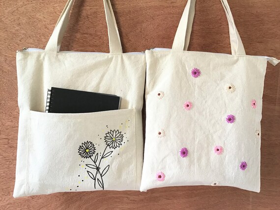 Flower Art Canvas Bag With Pocket and Mini Flowers Embroidery