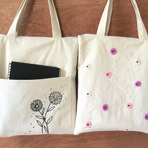 Flower Art Canvas Bag With Pocket And Mini Flowers Embroidery Canvas Bag With Zipper,A Cool Carry-On Bag,Mothers Day Gift,Eco Friendly Tote