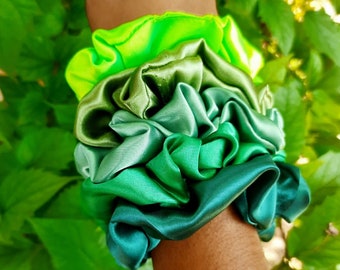 Set of 5 Women's Pure Satin Hair Scrunchies, Shades of Green Color Summer Scrunchies, Ponytail Holder, Hair Tie Pack, Gift Headband Sets