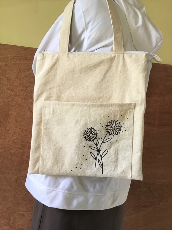 Flower Art Canvas Bag With Pocket and Mini Flowers Embroidery Canvas Bag  With Zipper,a Cool Carry-on Bag,mothers Day Gift,eco Friendly Tote 