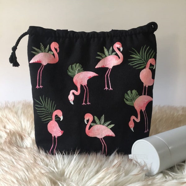 Flamingo's Drawstring Bag, Drawstring Pouch  With Top Handle Makeup Bag, Lunch Bag, Project Bag, Gift Bag, Hand Painted Art Bag,