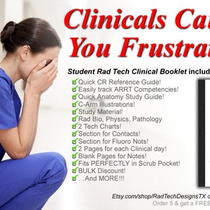 Op de afbeelding: Een gefrustreerde student radiologie is afgebeeld met een skeletillustratie. De tekst luidt "Clinicals Causing You Frustration?" en somt de inhoud op van een "Student Rad Tech Clinical Booklet".