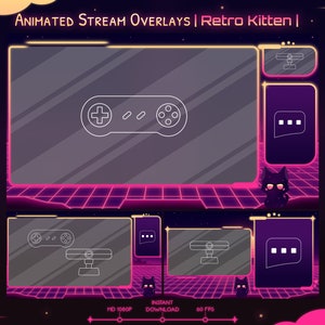 Animated &quot;Retro Kitten&quot; Overlay Pack - Twitch - Kick - Youtube - Cat - Stream - OBS - Synthwave - 80&#39;s Neon - Futuristic City - Kawaii Cute