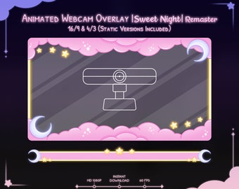 Animated "Sweet Night" Remastered Webcam Overlay 16/9 & 4/3 - Cloud - Moon - Stars - Pink - Candy - Fluffy - Girl - Pastel - Stream - Kawaii