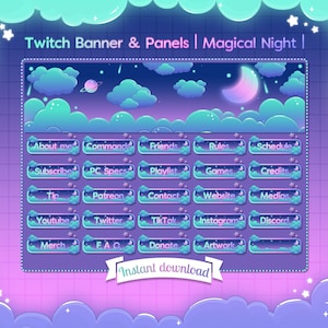 May include: A purple and blue Twitch banner and panel set with a night sky theme. The banner features a crescent moon, stars, and clouds. The panels include text such as "About me", "Commands", "Friends", "Rules", "Schedule", "Subscribe", "PC Specs", "Playlist", "Games", "Credits", "Tip", "Patreon", "Contact", "Website", "Médias", "Youtube", "Twitter", "Tik Tok", "Instagram", "Discord", "Merch", "F.A.Q", "Donate", and "Artwork".