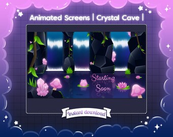 Animated Screens "Crystal Cave" - Twitch - Overlay - Stream - Frog - Cute - Waterfall - Dark - Liana - Mushroom - Calm - Goth - Grass - Leaf