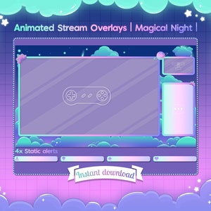 Puede incluir: Una superposición de transmisión animada de color morado y azul con un fondo de cielo nocturno estrellado. La superposición incluye un espacio rectangular grande para una fuente de video, un espacio rectangular más pequeño para una ventana de chat y un espacio para un icono de controlador de juego. El texto "Animated Stream Overlays | Magical Night |" está en la parte superior de la superposición. El texto "4x Static alerts" está debajo de la fuente de video. El texto "Instant download" está en la parte inferior de la superposición.