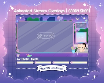 Animated "Candy Shop" Overlay Stream Package - Kawaii Assets Layout for Twitch, Youtube & Kick