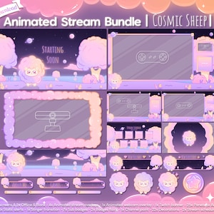 Animated &quot;Cosmic Sheep&quot; Complete Stream Bundle - Twitch - Youtube - Overlay Pack - Stars & Space - Planets - Cloud - Pastel Rainbow - Kawaii