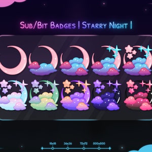 Starry Night Sub Badges - Twitch - Discord - Stream - Moon - Cloud - Stars - Pastel - Cute - Kawaii - Sky - Rainbow Colors - Pink - Purple