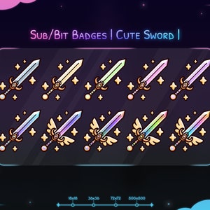 Cute Sword Sub Badges Pack - Twitch - Discord - Stream - Pastel - Kawaii - Blade - Medieval - Knight - Weapon - Saber - Wings - Evolutive