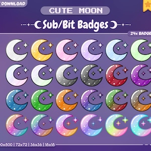 Cute Moon Sub/Bit Badges Twitch Pack - Stream - Celestial - Pastel - Sky - Kawaii - Pink - Purple - Rainbow Colors - Sparkle - Stars - Lofi