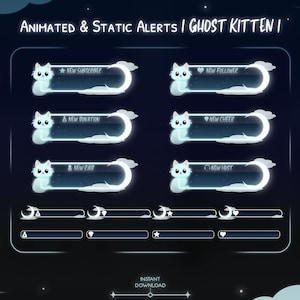 May include: Animated and static alerts for Twitch streams featuring a cute ghost kitten design. The alerts include new subscriber, new follower, new donation, new cheer, new raid, and new host.