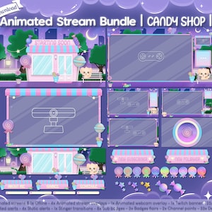 May include: Animated Twitch stream overlay bundle with a candy shop theme. The overlay includes a starting soon screen, a webcam overlay, a new subscriber alert, a new follower alert, and panels for about me, games, and schedule. The overlay is decorated with candy, stars, and a cute cartoon bear.
