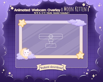 Animated Webcam Overlay "Moon Kitten" - Twitch - Stream - Youtube - White Cat - Kitty - Neko - Purple Cloud - Star - Space - Sky - Kawaii