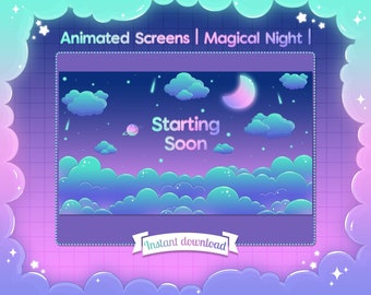 Animated Screens "Magical Night" - Twitch - Overlay - Stream - Cloud - Pastel - Cute - Planet - Space - Star - Kawaii - Moon - Goth - Witch