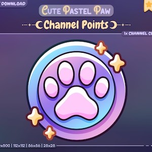 Op de afbeelding: Een digitale afbeelding met een pastelkleurige pootafdruk in een cirkelvormig frame. Het ontwerp bevat de tekst "Cute Pastel Paw" en "C Channel Points". Gouden steraccenten omringen de pootafdruk, met de woorden "Direct downloaden" bovenaan.
