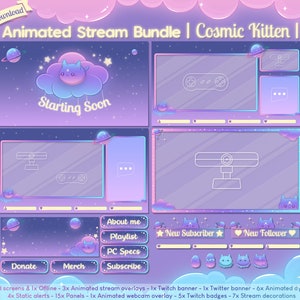 Geanimeerde "Cosmic Kitten" Complete Streambundel - Twitch - Overlay - Schattig - Pastel - Kat - Kawaii - Ster - Youtube - Ruimte - Planeet - Celest