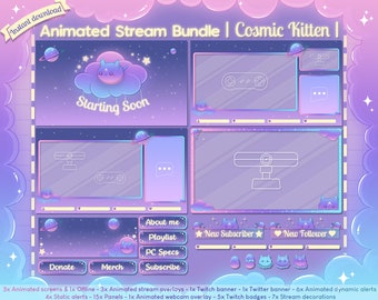 Animated &quot;Cosmic Kitten&quot; Complete Stream Bundle - Twitch - Overlay - Cute - Pastel - Cat - Kawaii - Star - Youtube - Space - Planet - Celest