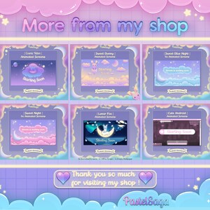 May include: Six animated screens with pastel colors and a variety of themes, including a cute bunny, a blue night sky, a lunar fox, and a cute android. The screens are all labeled "Starting Soon" and have a pastel pink and blue color scheme. The text "More from my shop" is at the top of the image. The text "Thank you so much for visiting my shop!" is at the bottom of the image. The text "Pastel Saga" is at the bottom of the image.