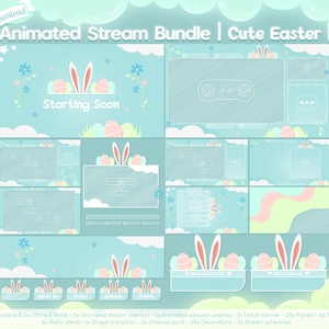 Animated "Cute Easter" Complete Stream Bundle - Twitch Pack - Youtube - Overlay - Egg - Bunny Ear - Pastel Blue Sky - White Cloud - Kawaii