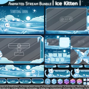Animated "Ice Kitten" Complete Stream Bundle - Twitch - Overlay Pack - Cat - Snow - Glass - Polar - North Star - Moon - Bluish - Scenery
