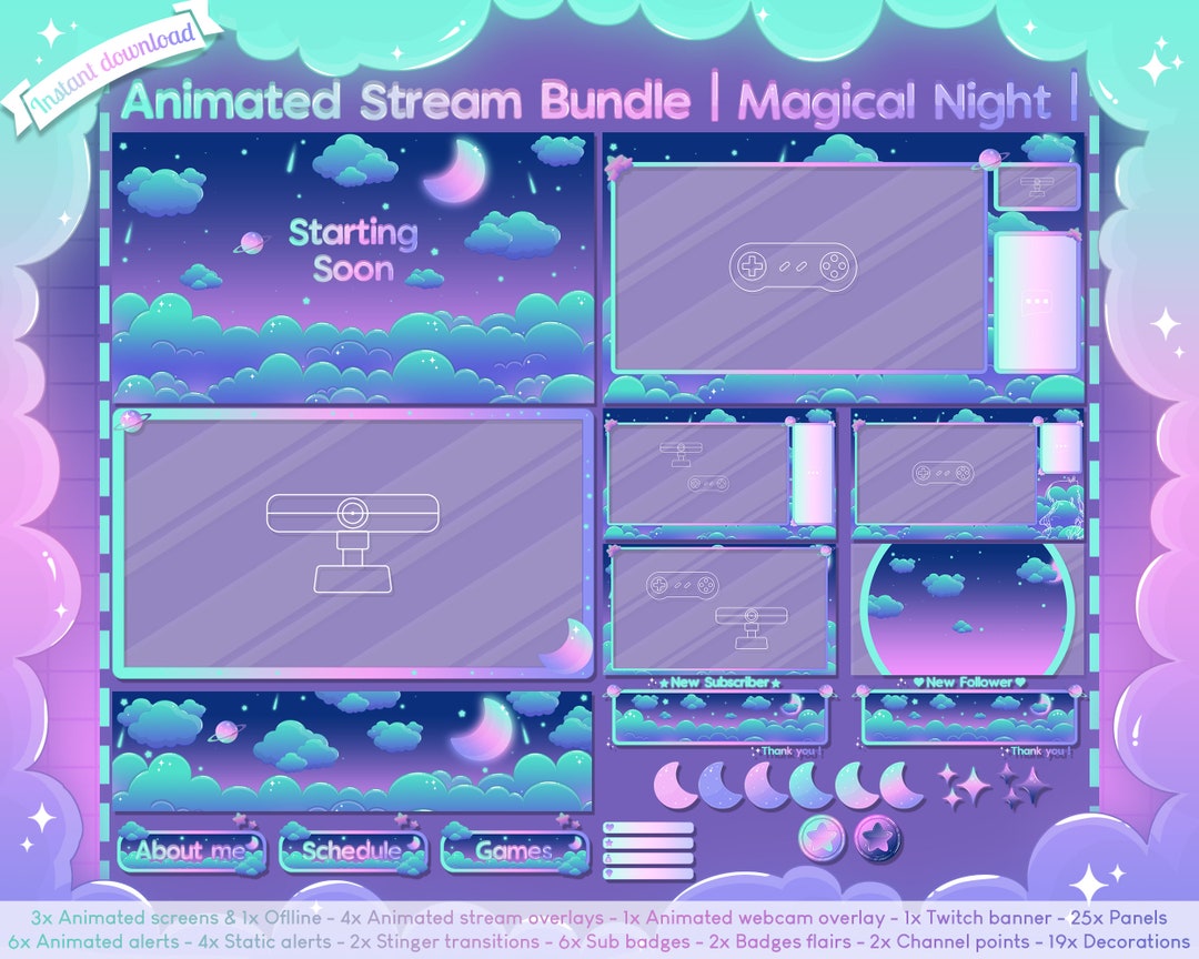 Animated Sweet Night Ingame & Just Chatting Overlay - Twitch -  -  Facebook Gaming - Stream - Cloud - Pastel - Cute - Moon - Star