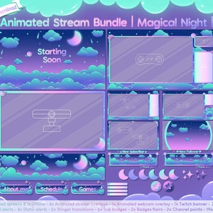 Animated &quot;Magical Night&quot; Complete Stream Bundle - Twitch - Overlay - Layout - Sky - Cloud - Space - Star - Celestial - Moon - Meteor - Pack