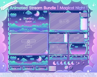 Animated &quot;Magical Night&quot; Complete Stream Bundle - Twitch - Overlay - Layout - Sky - Cloud - Space - Star - Celestial - Moon - Meteor - Pack