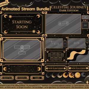 Animiertes „Celestial Journey – Dark Edition“ komplettes Stream-Bundle – Twitch – Youtube – Overlay – niedlich – Stern – Himmelskarte – Mond – Tierkreis