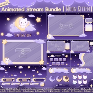 Animated "Moon Kitten" Complete Stream Bundle - Twitch - Youtube - Overlay Pack - Cat - Kitty - Neko - Star - Space - Cloud - Sky - Kawaii