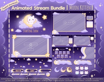 Animated &quot;Moon Kitten&quot; Complete Stream Bundle - Twitch - Youtube - Overlay Pack - Cat - Kitty - Neko - Star - Space - Cloud - Sky - Kawaii