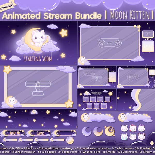 Animated "Moon Kitten" Complete Stream Bundle - Twitch - Youtube - Overlay Pack - Cat - Kitty - Neko - Star - Space - Cloud - Sky - Kawaii