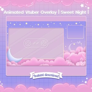 May include: Animated Vtuber overlay with a pink and purple color scheme. The overlay features a moon, stars, clouds, and a game controller. The text "Instant download" is displayed on a ribbon.
