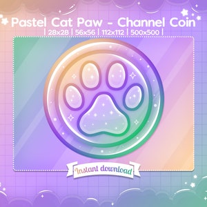 May include: A pastel rainbow coloured circle with a white outline and a white paw print inside. The circle has a white ribbon with the text "Instant download" on it. The background is a pastel grid with white stars.