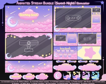 Animated "Sweet Night” Stream Package - Twitch and Kick Stream Overlays - Pink Pastel Sky Overlay Background