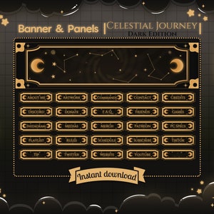 Twitch „Celestial Journey – Dark Edition“ Banner und Panels – Stream – Miniaturansicht – Stern – Mond – Sonne – Tierkreis – Astrologische Karte – Buch