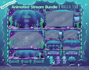 May include: Animated stream overlay bundle with a magical sea theme. The bundle includes animated screens, alerts, overlays, webcam overlays, Twitch banners, panels, sub badges, and more. The bundle is available for instant download.