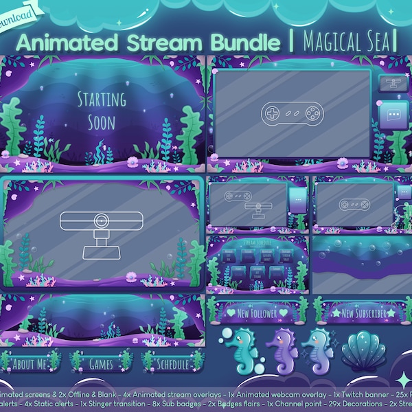 Animated "Magical Sea" Complete Stream Bundle - Twitch - Youtube - Overlay Pack - Ocean - Sea - Underwater - Submarine - Bubble - Kawaii