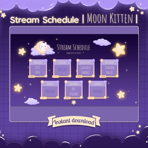 Horario de transmisión "Gatito de la luna" - Twitch - Twitter - Paquete personalizado y de bricolaje - Gato celestial blanco - Neko - Estrella - Espacio - Cielo - Nube - Kawaii