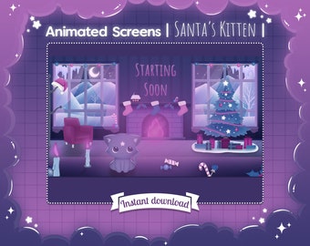 May include: Animated screensaver featuring a purple and blue winter scene with a fireplace, a Christmas tree, and a cute purple kitten. The text "Starting Soon" is displayed on a sign above the fireplace. The text "Instant download" is displayed on a banner at the bottom of the image.