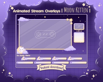 Animated Overlay "Moon Kitten" Ingame & Just Chatting - Twitch - Youtube - Stream - Cat - Kitten - Neko - Stars - Sky - Cloud - Kawaii